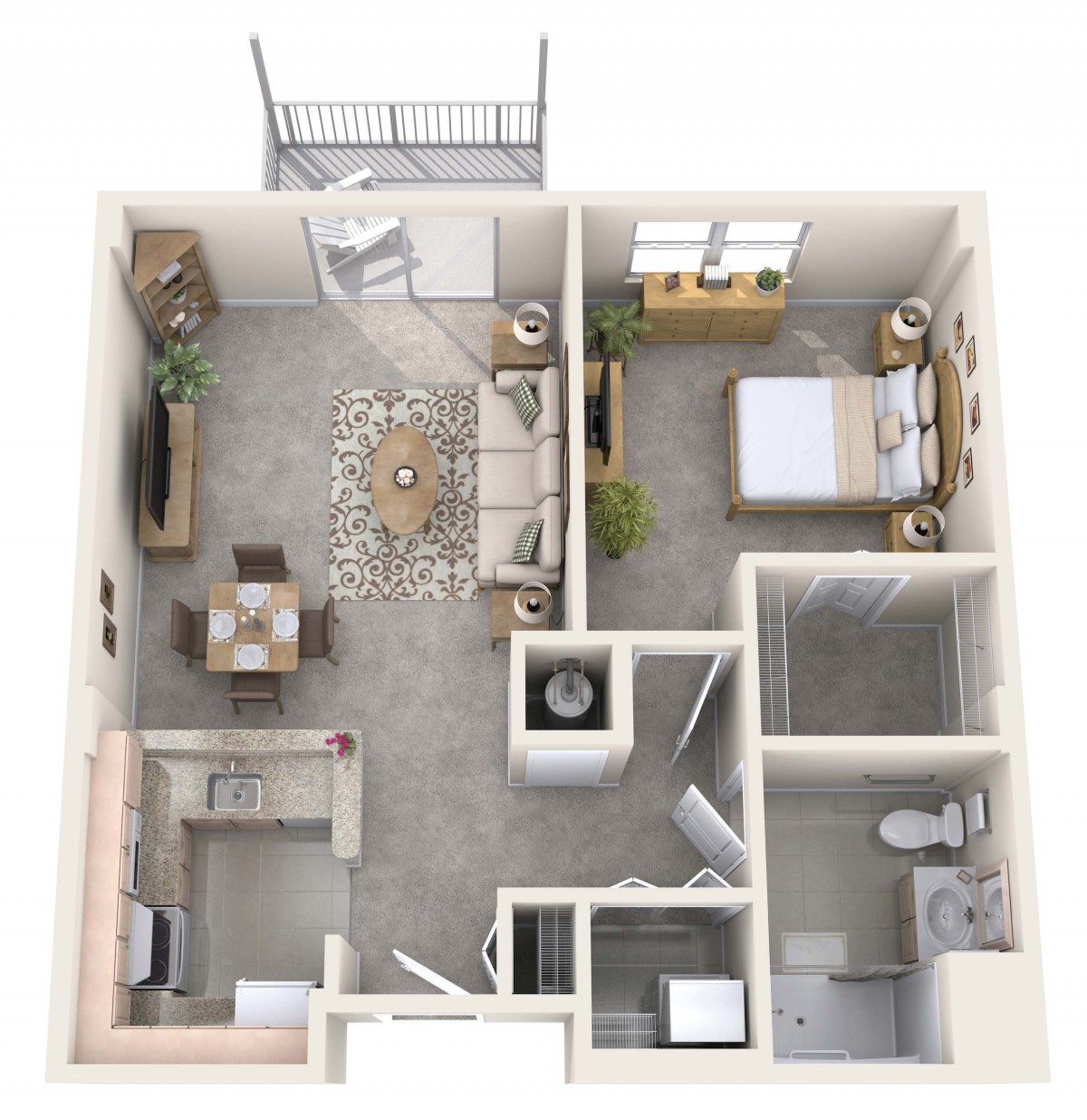 A 3D layout of a one-bedroom apartment with a living room, kitchen, bathroom, and balcony.