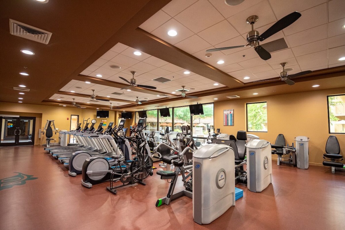 A well-equipped gym with various exercise machines including treadmills and stationary bikes.