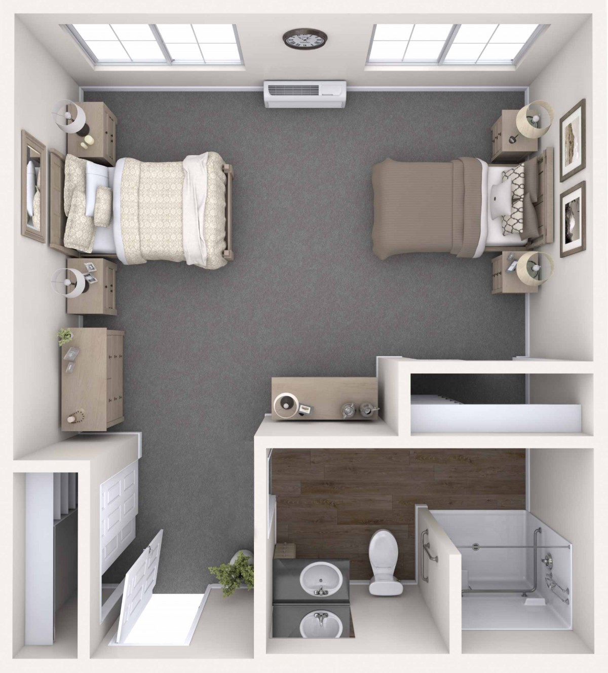 Overhead view of a minimalist bedroom with twin beds and neutral color scheme.