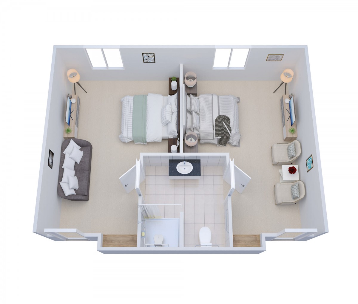 A 3D floor plan featuring a bedroom with two beds, showcasing furniture arrangement and interior design.