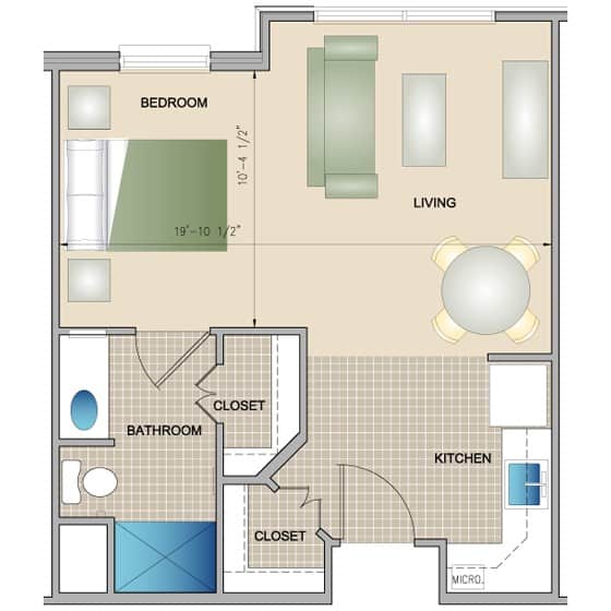 A simple floor plan of a one-bedroom apartment.