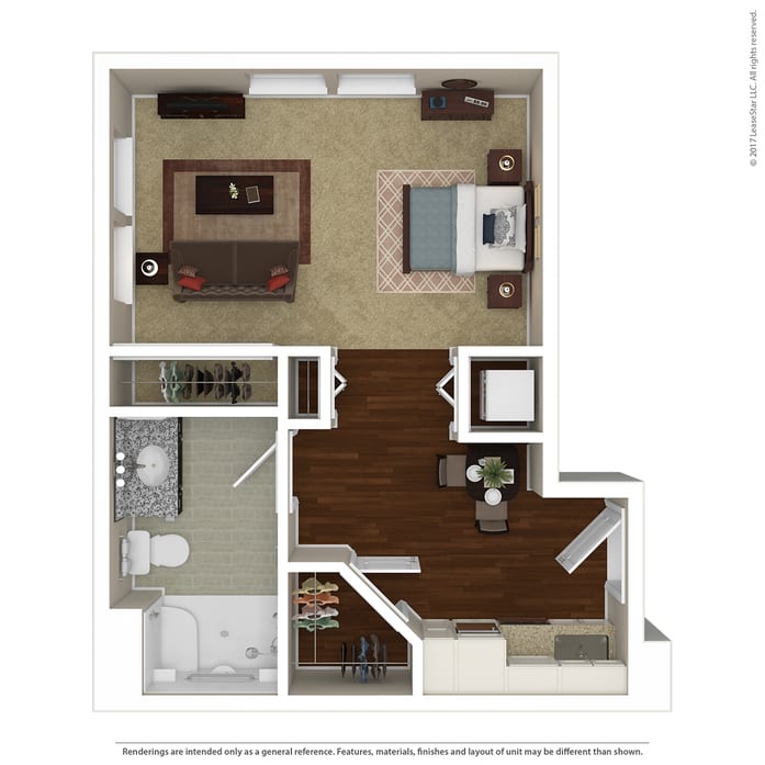 A floor plan of a one-bedroom apartment featuring a living room, kitchen, bathroom, and bedroom.