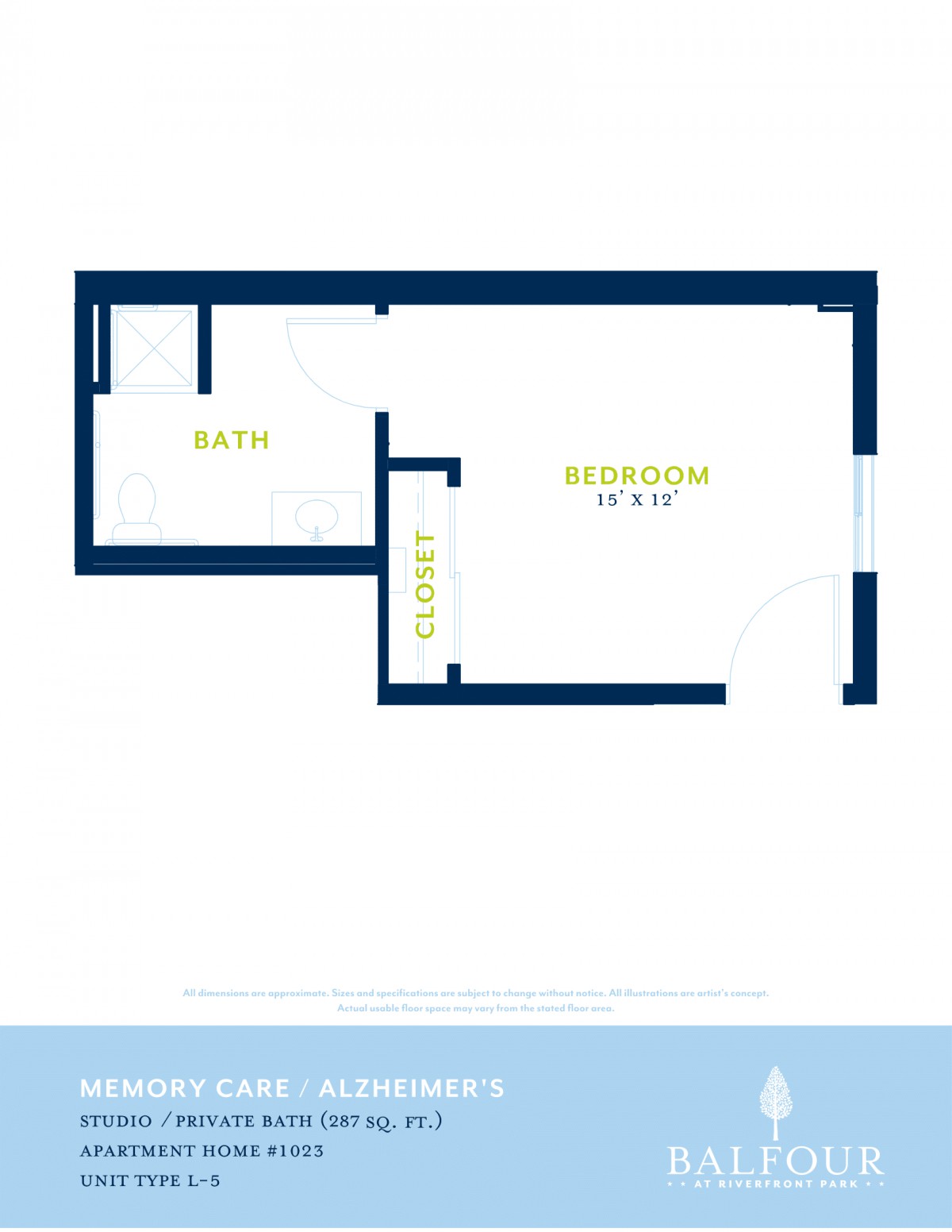 A simple studio apartment floor plan with designated areas for the bathroom and kitchen.