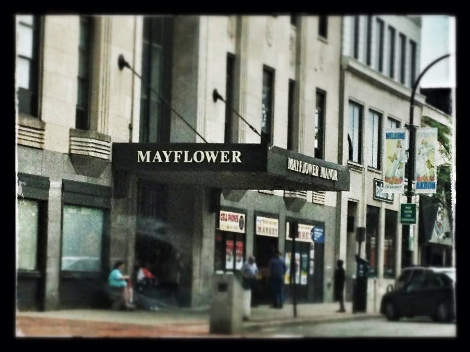 Street view of the Mayflower hotel entrance in the city.