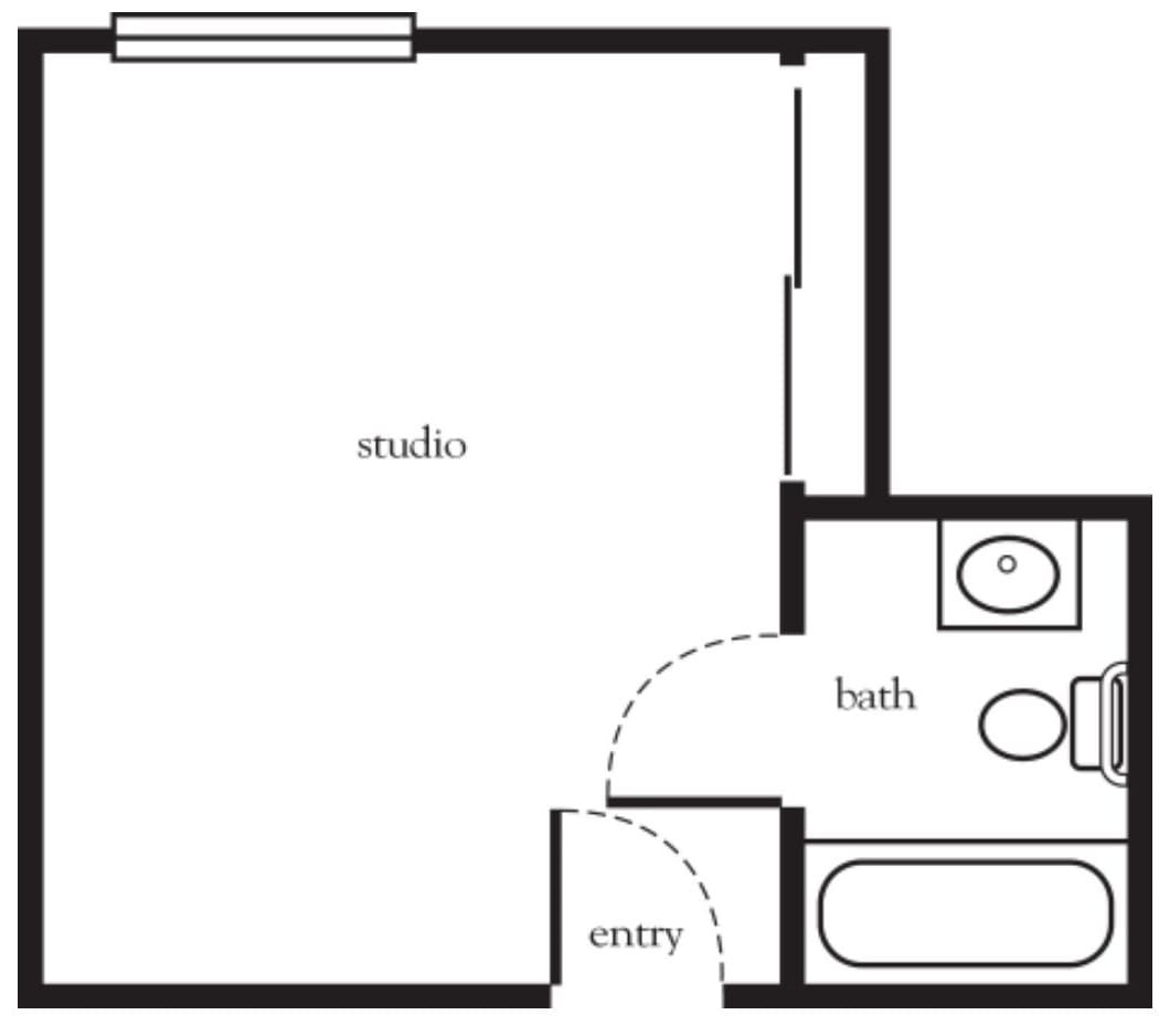 Studio apartment floor plan with entry and bathroom.