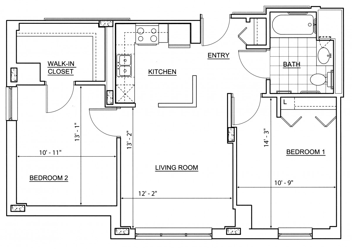 A detailed floor plan of a one-bedroom apartment, featuring a living room, kitchen, bedroom, and bathroom layout.