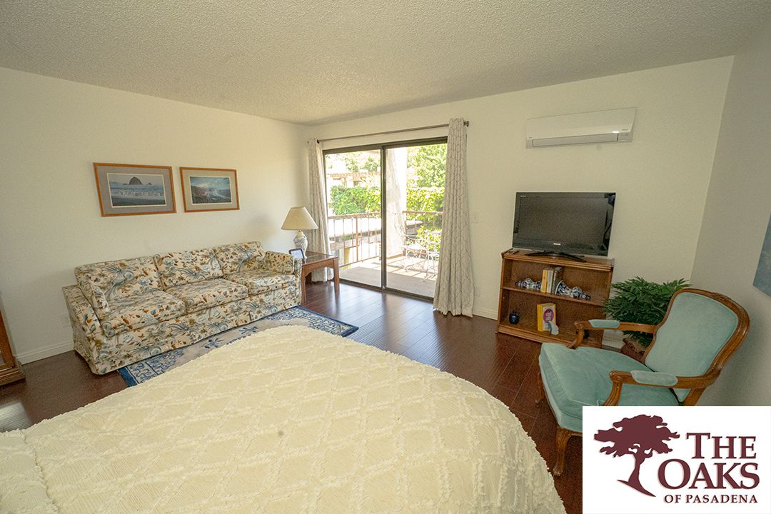 A cozy bedroom with a bed, sofa, and television, featuring a sliding glass door opening to a garden view.