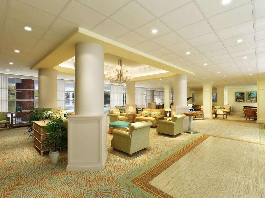 A spacious and well-lit lobby with comfortable seating arrangements.