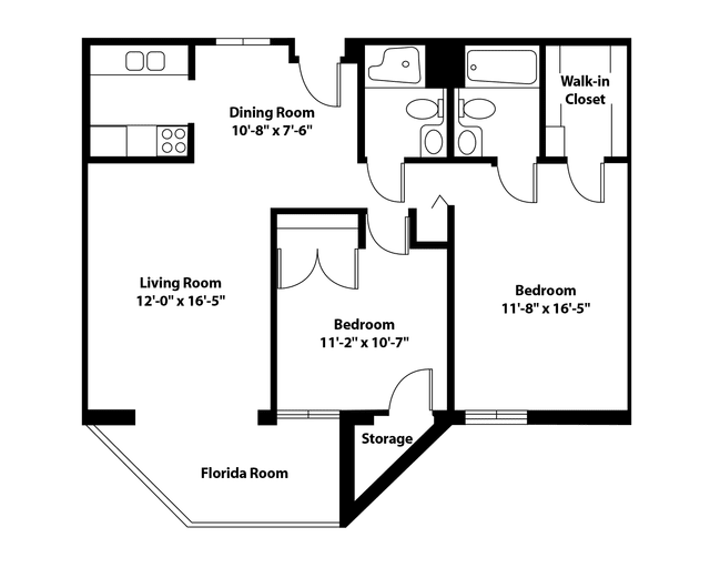 A floor plan of a two-bedroom apartment featuring a living room, dining room, two bathrooms, a walk-in closet, and a Florida room.