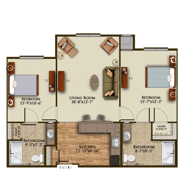 This image depicts a floor plan of an apartment featuring two bedrooms, a living room, a kitchen, and two bathrooms.