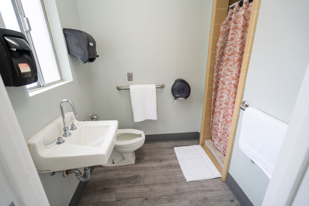 A clean, accessible bathroom with a sink, toilet, and shower area.