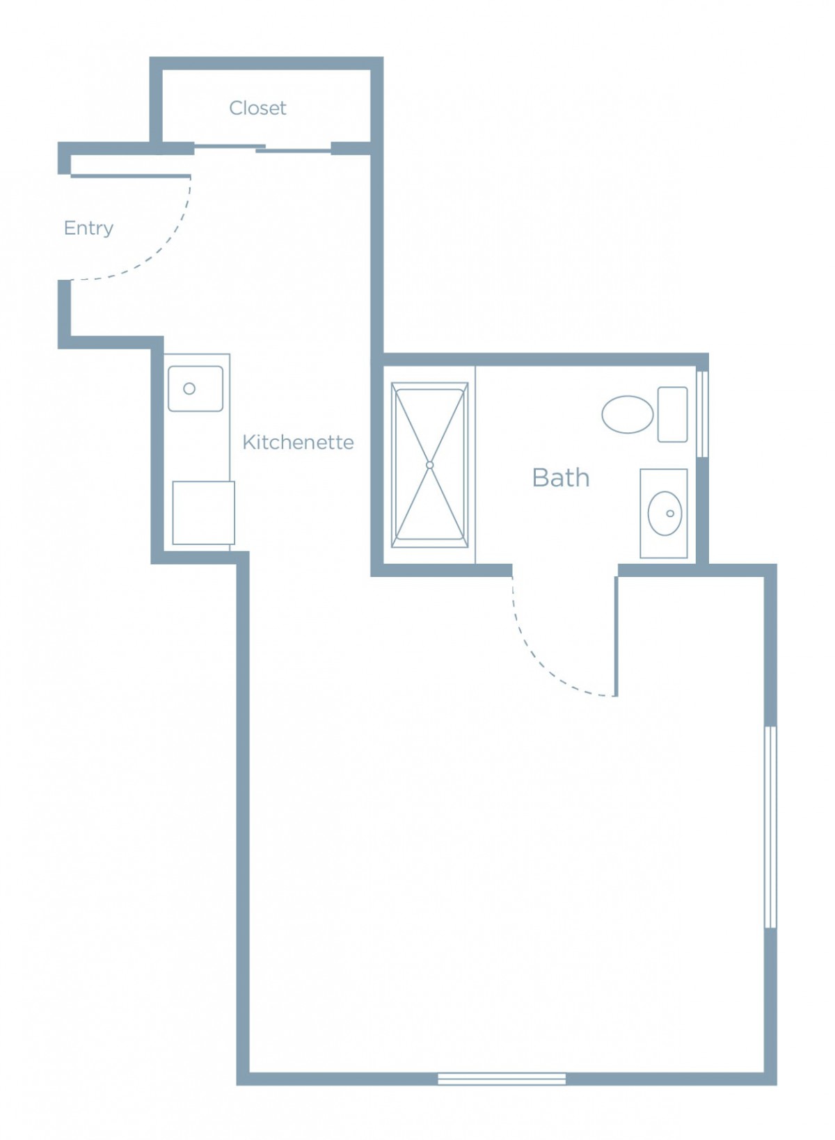 A simple floor plan showing an apartment layout with a kitchen and bathroom.