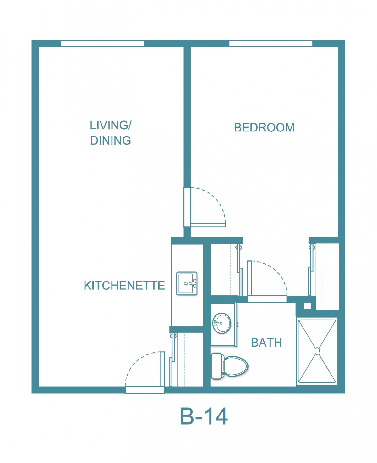 A simple floor plan layout featuring a living/dining area, kitchenette, bedroom, and bathroom.