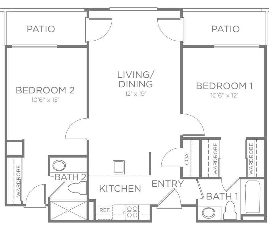 A floor plan of a two-bedroom apartment with two patios and a combined living/dining area.