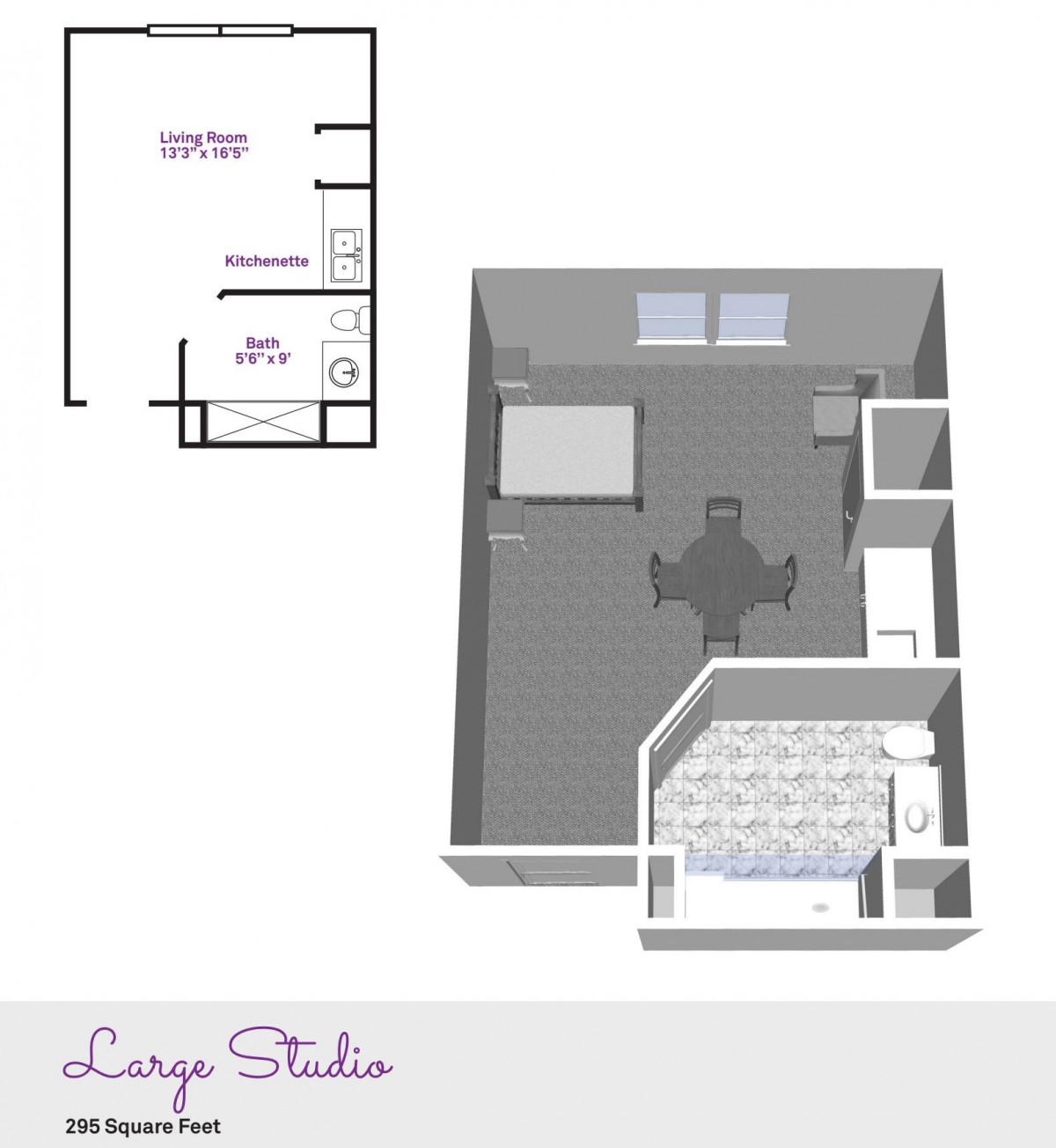 3D floor plan of a studio apartment showing furniture layout and room arrangement.
