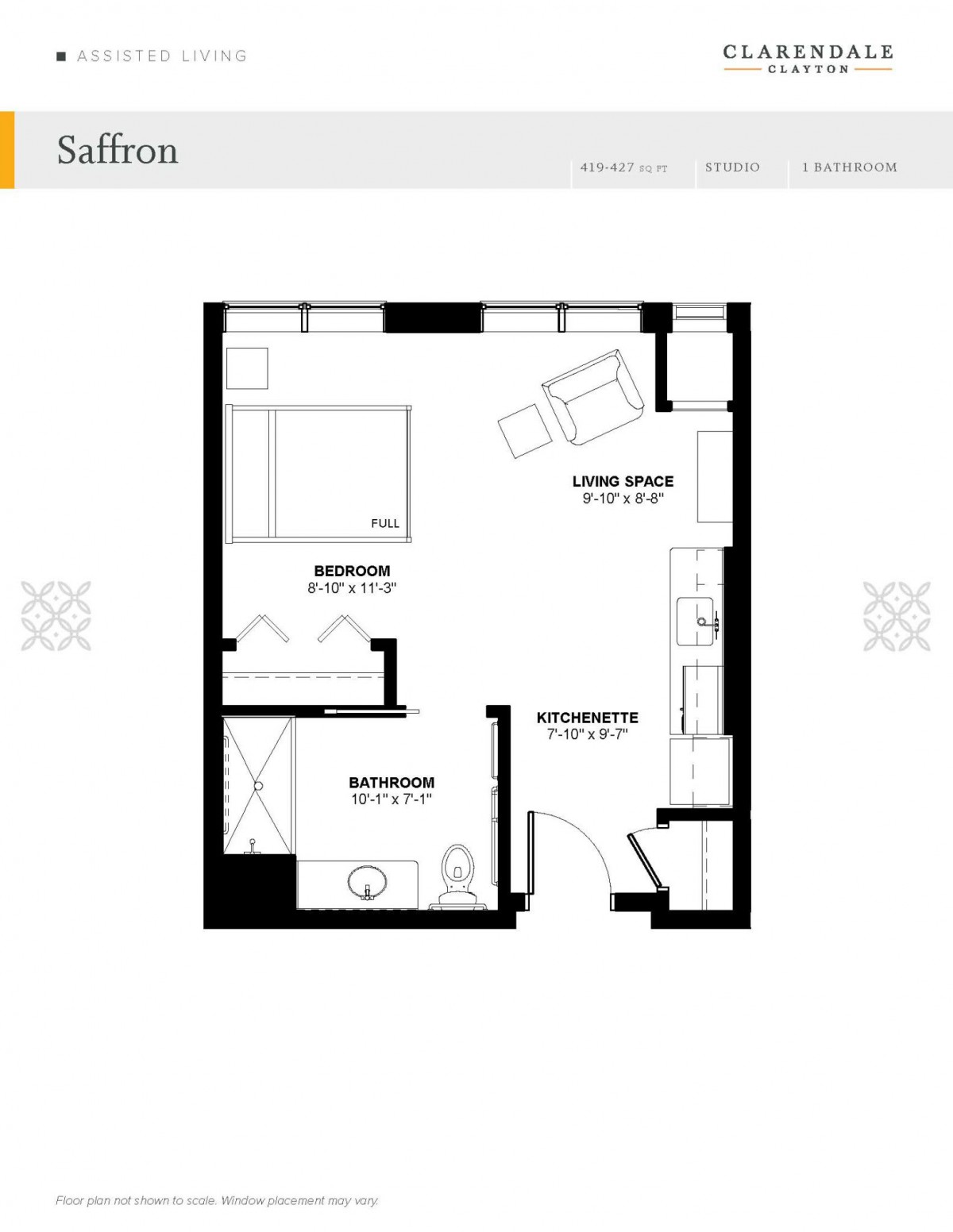 A floor plan of a one-bedroom apartment showing the layout of the living area, kitchen, and bathroom.