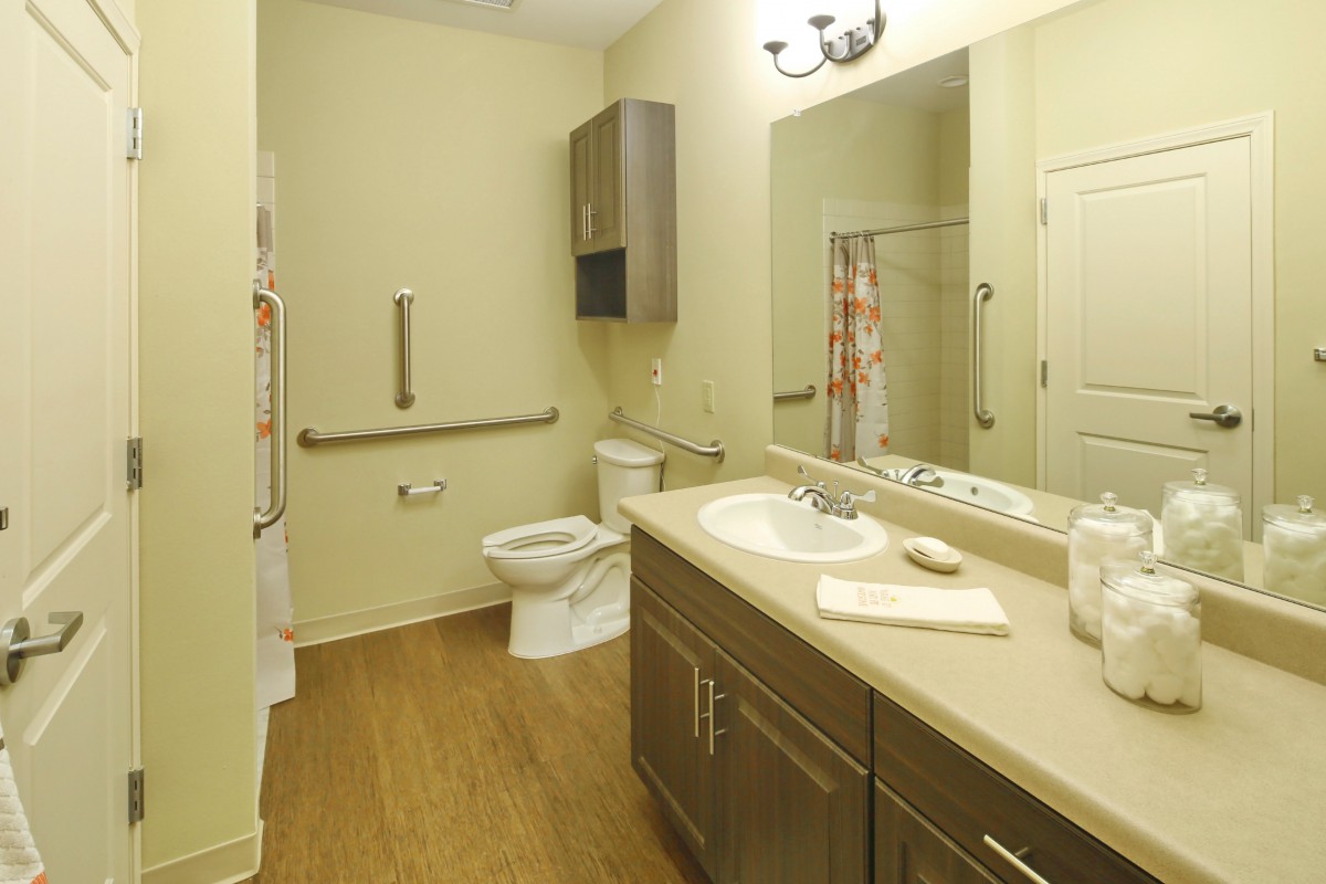 A modern bathroom with a sink, large mirror, and accessibility features such as grab bars.