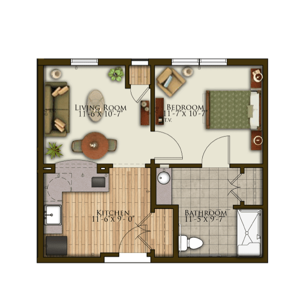 A simple apartment floor plan featuring a living room, kitchen, bedroom, and bathroom.
