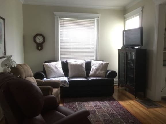 A cozy living room with a sofa, armchair, and television.