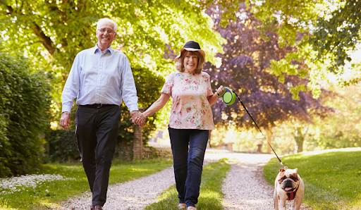 A joyful couple strolling hand-in-hand through a beautiful park with their dog.