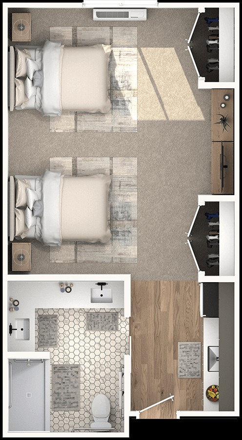 A top-down view of a modern bedroom floor plan featuring twin beds, a carpeted area, and an adjoining bathroom.