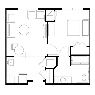 An architectural floor plan depicting the layout of a small apartment with designated areas for a living room, bedroom, kitchen, and bathroom.