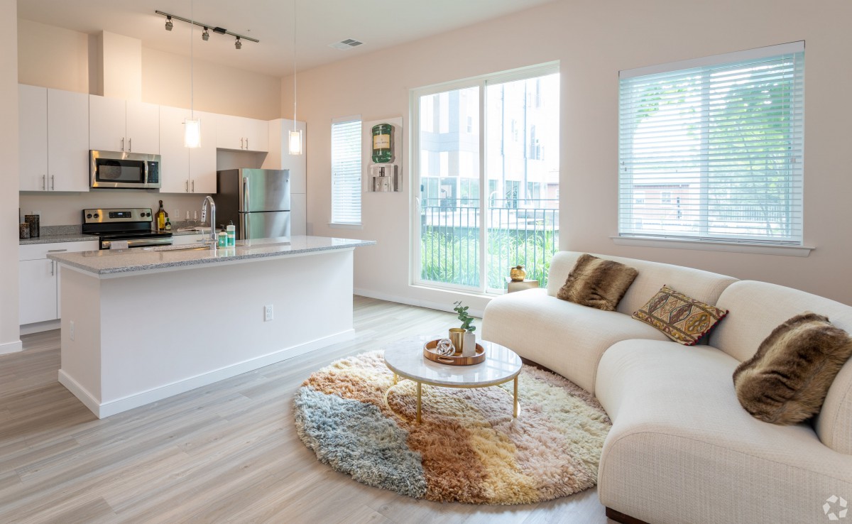A bright and modern living room with an open concept kitchen, featuring a cozy seating area and abundant natural light.