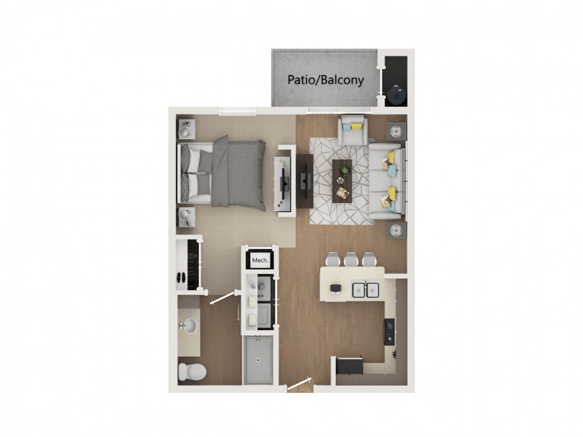 One-bedroom apartment floor plan with a kitchen, living area, bathroom, and patio/balcony.