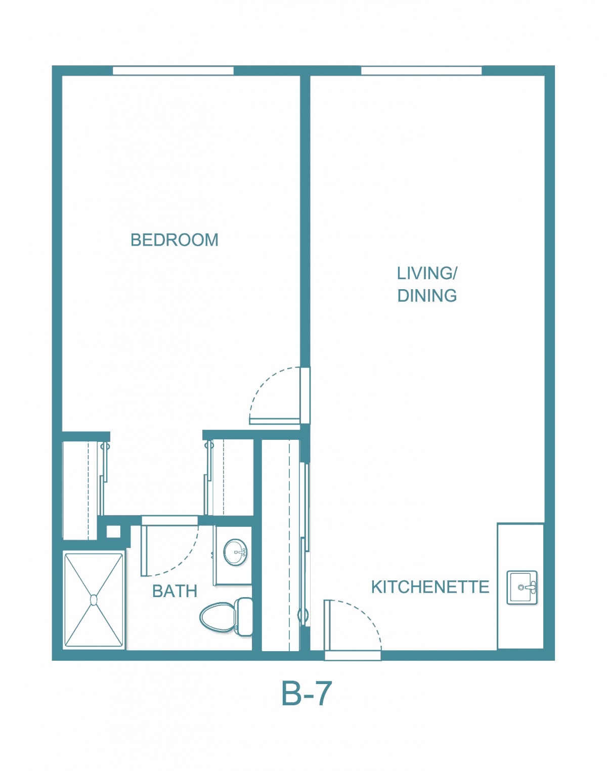 A simple floor plan of a one-bedroom apartment with a living/dining area, kitchenette, and bathroom.