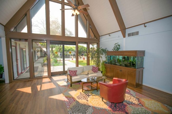 A spacious living room with large windows, high ceilings, and modern furniture, featuring an aquarium and indoor plants.