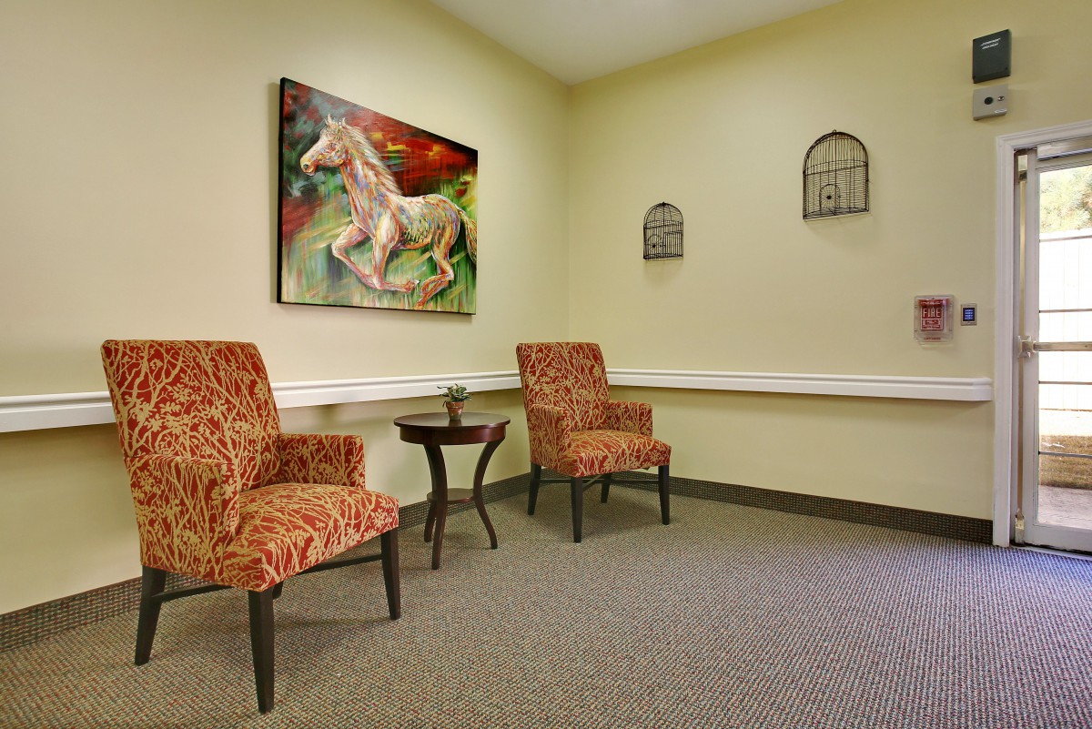 A cozy waiting room featuring two patterned chairs, a small wooden table, and wall art depicting a horse.