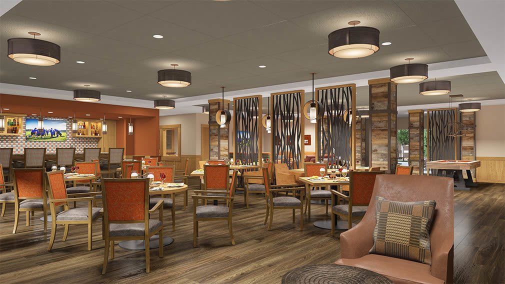 A modern restaurant interior with stylish decor and a cozy dining atmosphere.