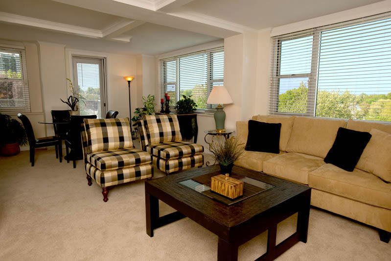 A cozy living room featuring a beige sofa, checkered armchairs, and a dark wooden coffee table.