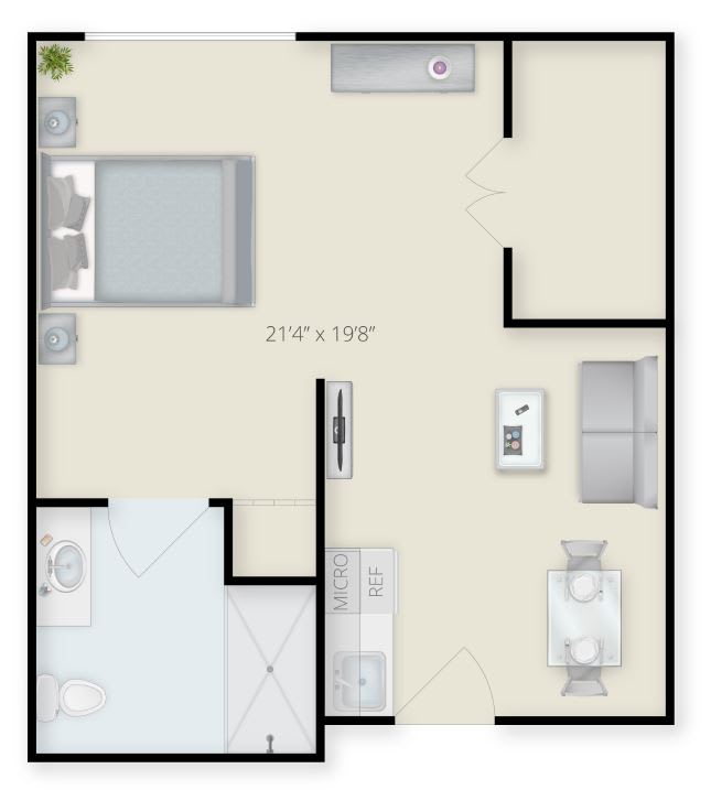 A floor plan of a one-bedroom apartment featuring a living room, kitchen, and bathroom.