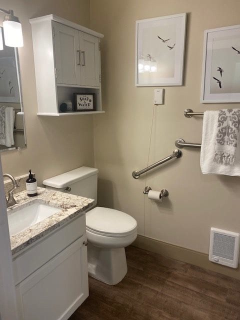 A modern bathroom with a toilet, sink, and decorative wall art.