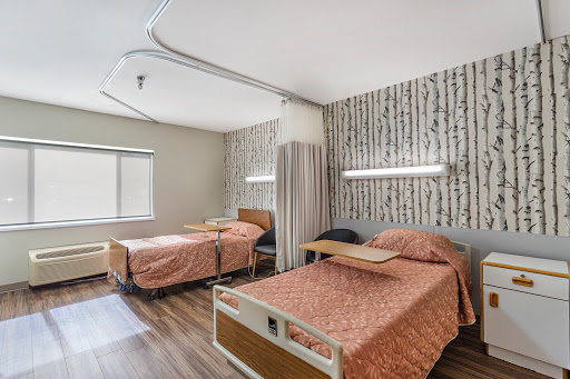 A well-appointed hospital patient room featuring two beds and a soothing interior design.