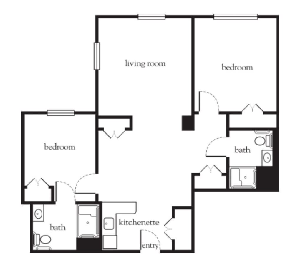 A floor plan of a two-bedroom apartment with designated living room, kitchen, and bathrooms.