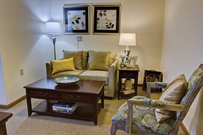 A cozy living room with a sofa, coffee table, and decorative elements.