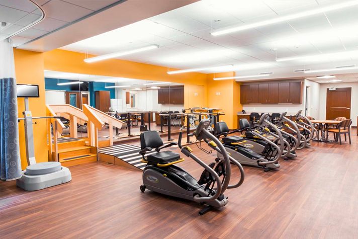 A spacious gym with various exercise machines and bright, modern decor.