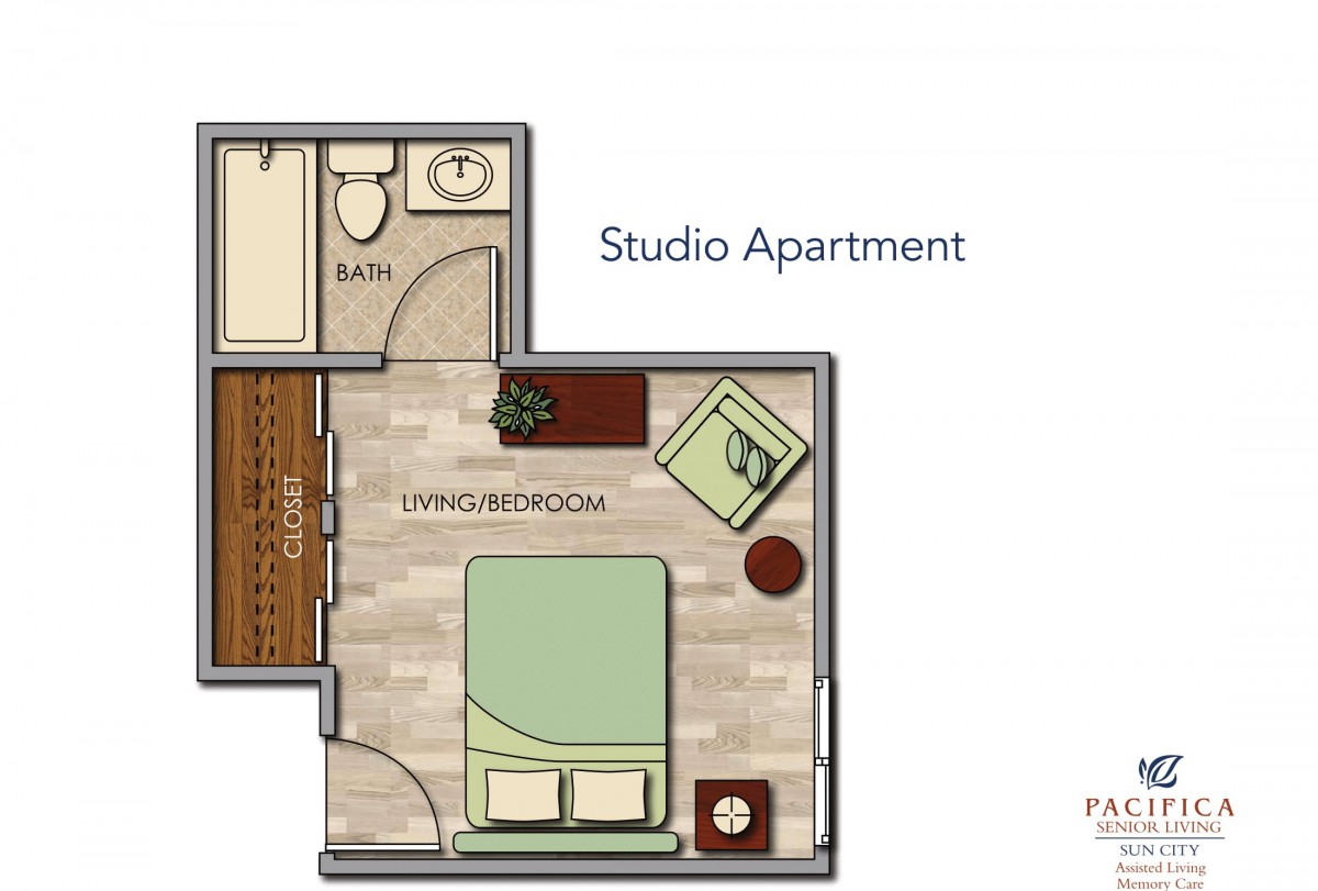 A floor plan of a studio apartment, showcasing an open living and bedroom area with an attached bathroom.
