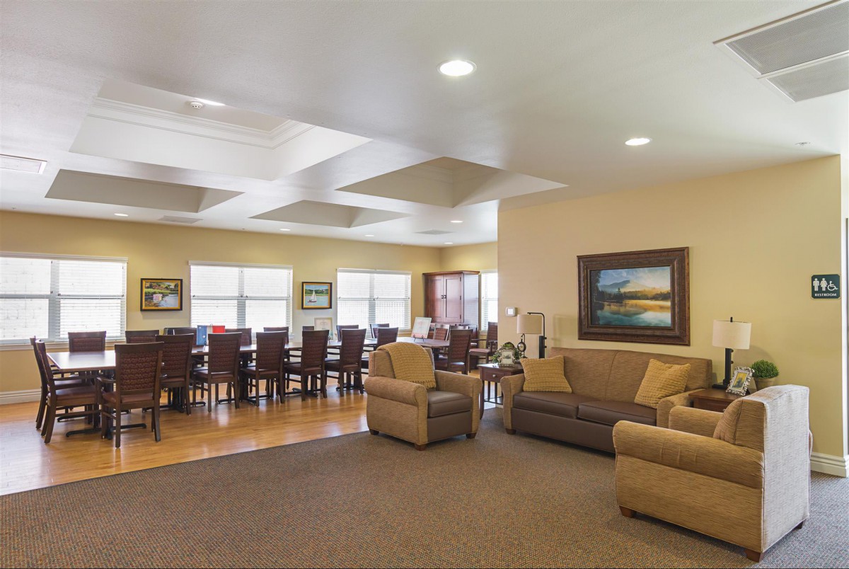 A spacious living room with a dining area featuring sofas, armchairs, and a large table.