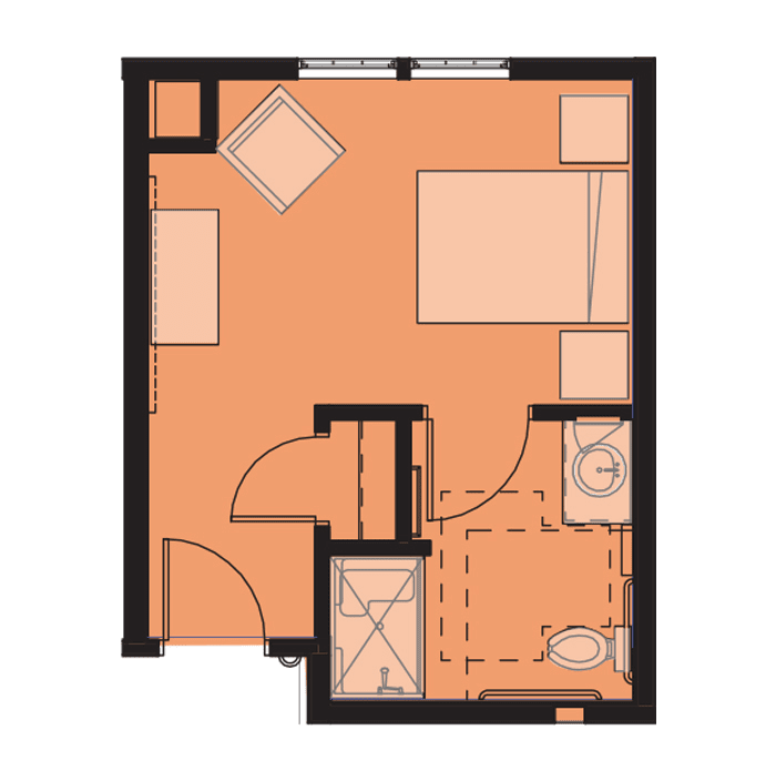 A compact apartment floor plan featuring a bedroom, bathroom, and small kitchen area.