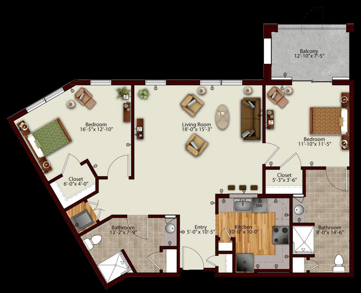 A detailed floor plan of an apartment showing the layout of rooms and spaces.