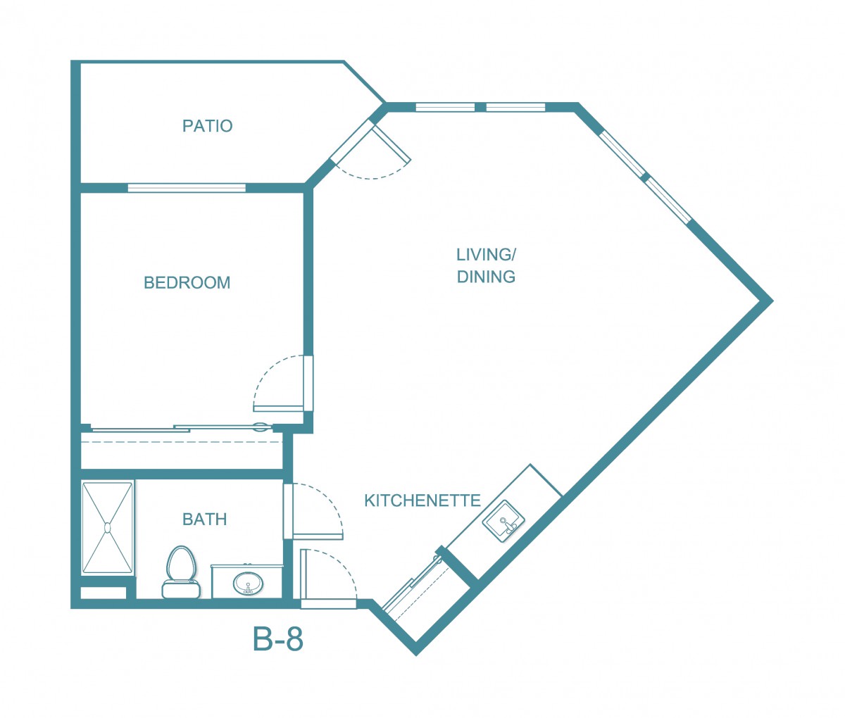 A simple floor plan of an apartment with one bedroom, a bathroom, living area, kitchenette, and patio.