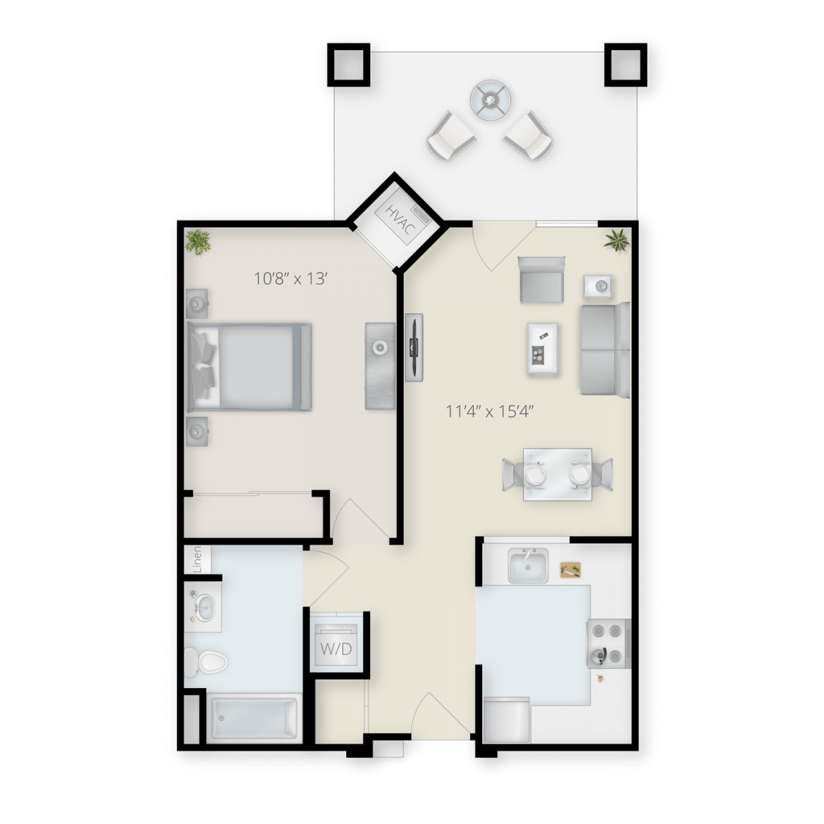 A floor plan showing the layout of an apartment with designated areas for bedrooms, a kitchen, and a living room.