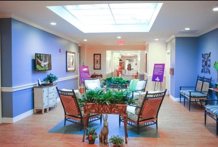 A bright and inviting interior space featuring a seating area surrounded by plants, under a large skylight.