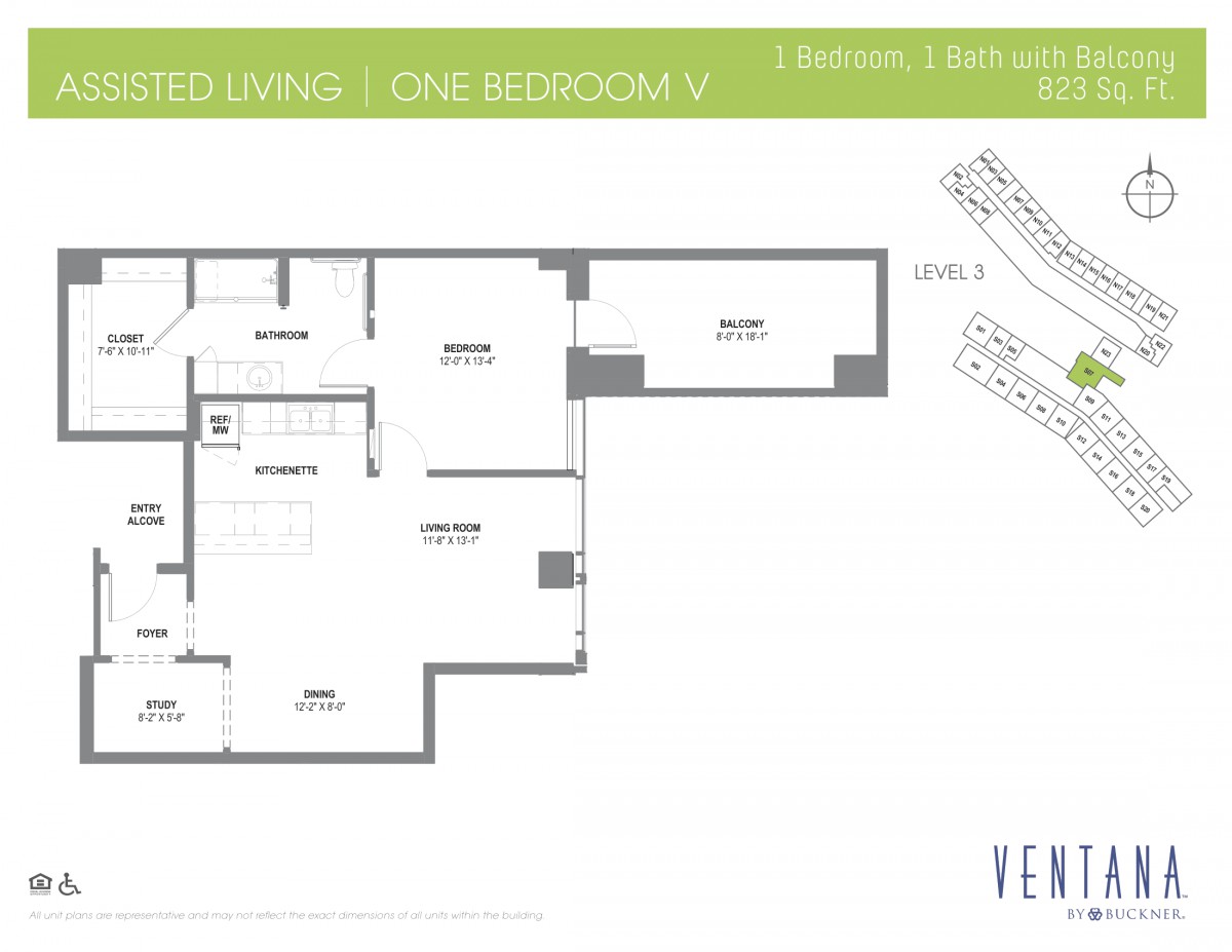 Floor plan of a one-bedroom apartment with detailed room layout.