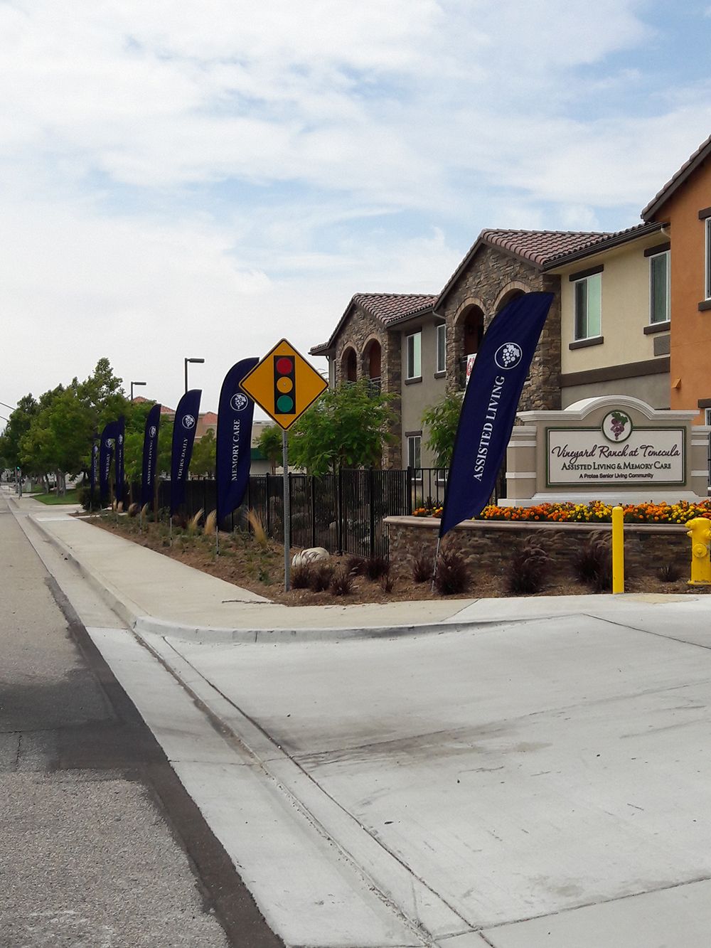 A view of a suburban housing development with banners along the street.