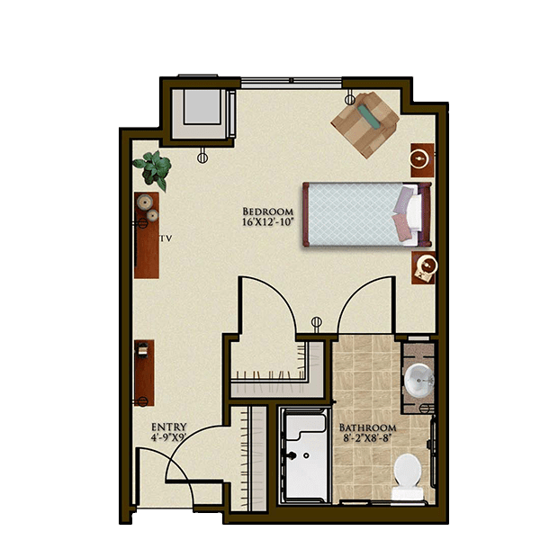 A compact apartment floor plan featuring a bedroom, kitchenette, and bathroom.