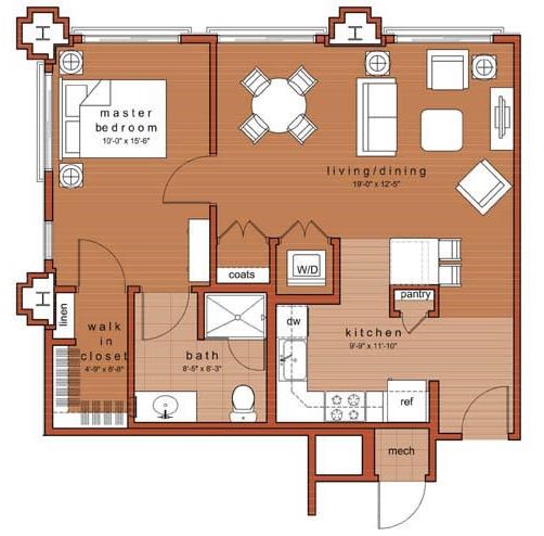 A floor plan of an apartment illustrating the layout of various rooms including a living room, kitchen, bedroom, and bathroom.